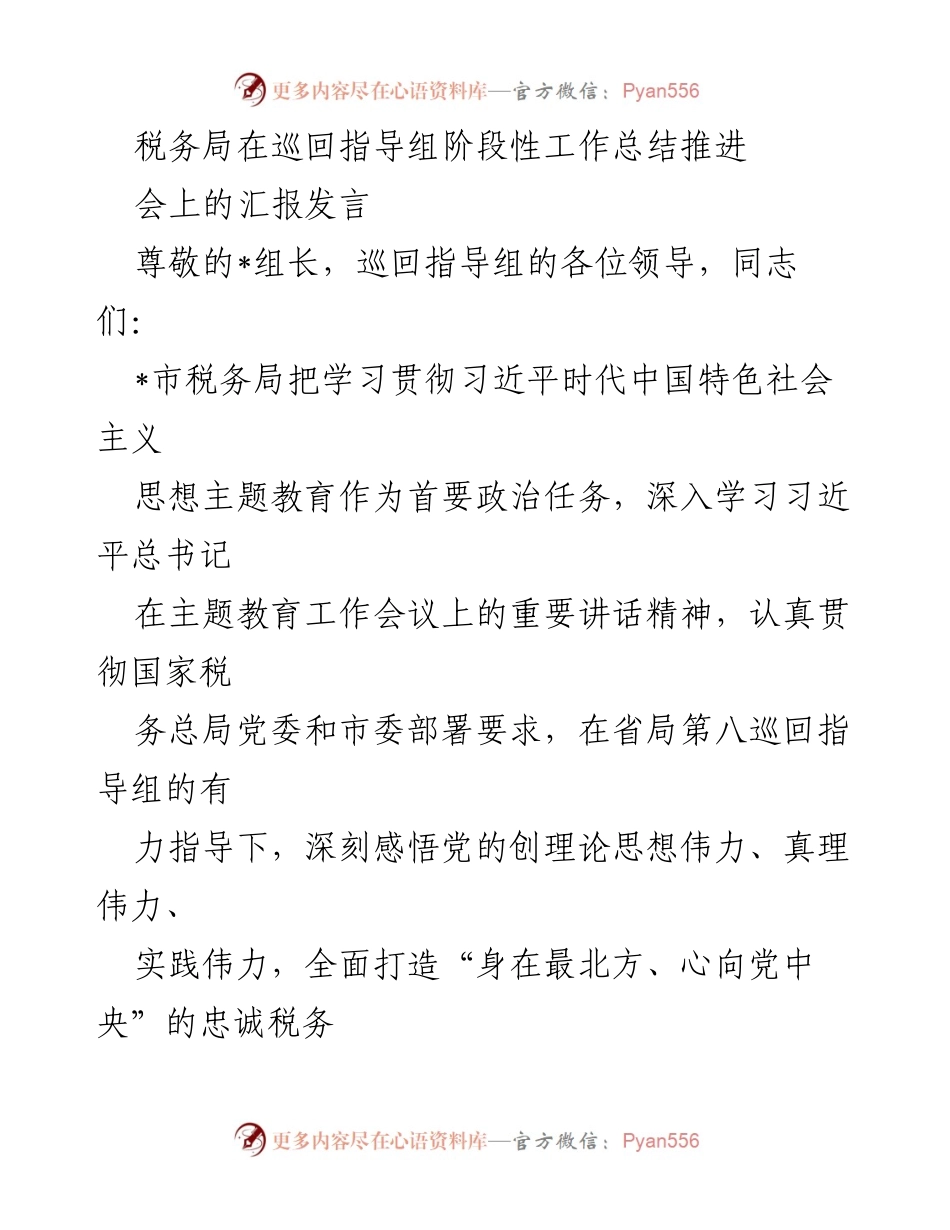 [发言] 税务局巡回指导组阶段性工作总结推进会 - 学习贯彻习近平思想，推动税务现代化的实践与成效.docx_第1页