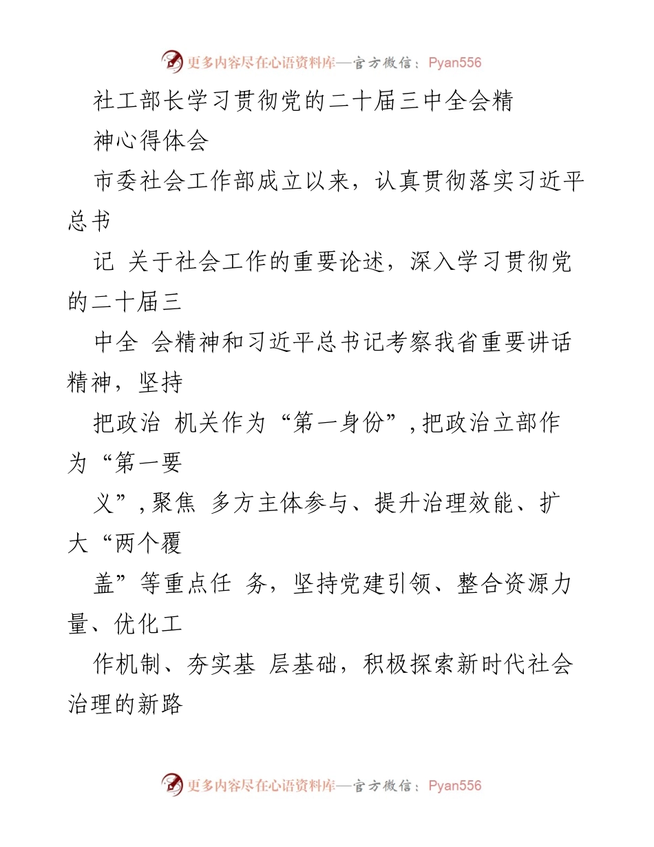 [发言] 社工部长学习会议 - 深入学习贯彻党的二十届三中全会精神的心得体会.docx_第1页
