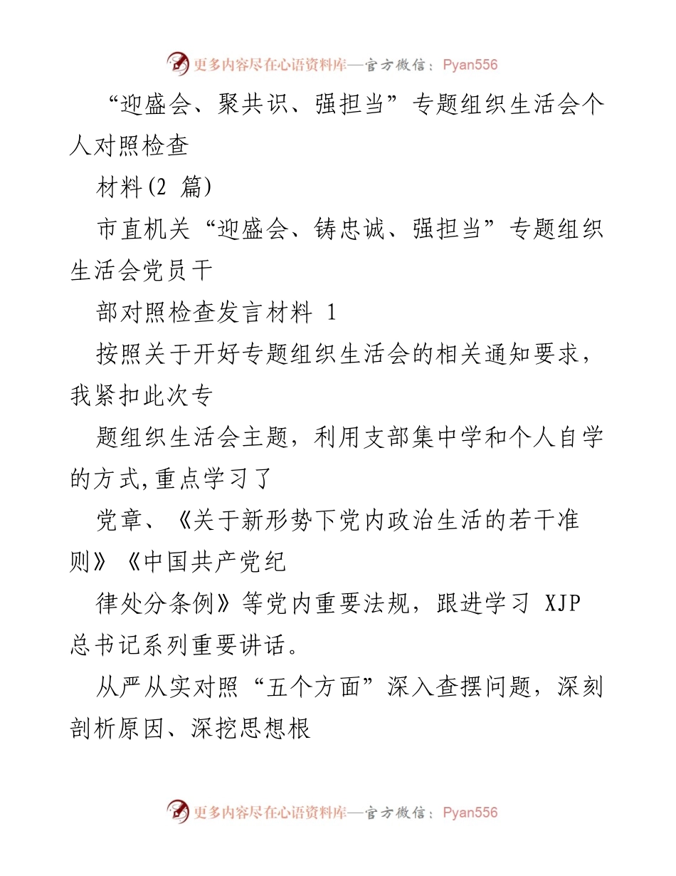 [发言] 组织生活会 - “迎盛会、聚共识、强担当”专题组织生活会个人对照检查发言材料_1.docx_第1页