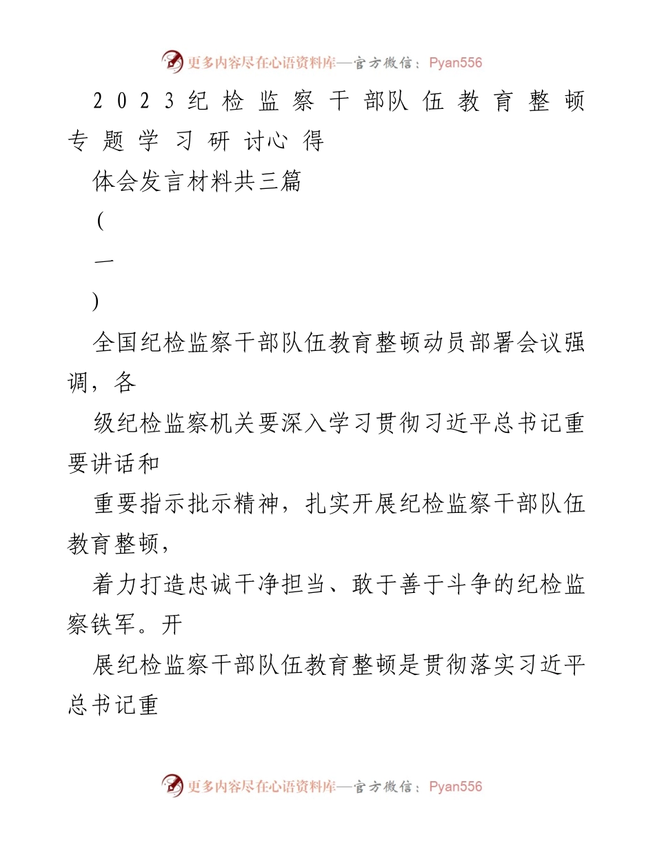 [发言] 纪检监察干部队伍教育整顿动员部署会议 - 深入学习贯彻习近平总书记重要讲话精神，推动纪检监察干部队伍教育整顿_1.docx_第1页