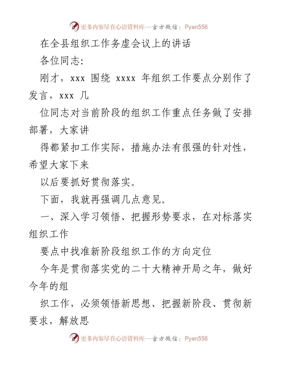 [发言] 组织工作务虚会议 - 深入学习贯彻党的二十大精神，推动组织工作落地落实.docx_第1页