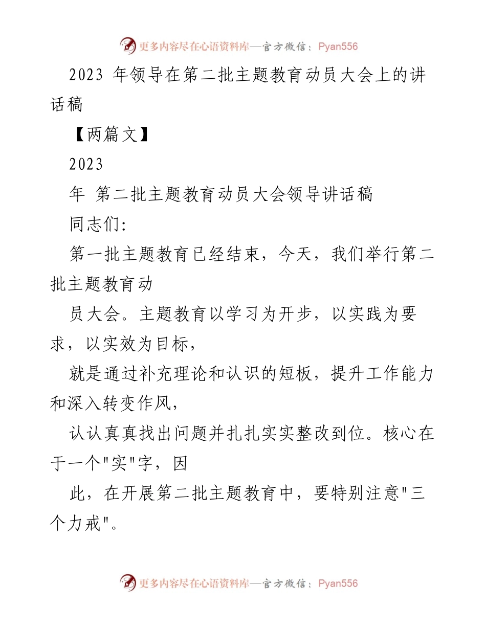 [发言] 第二批主题教育动员大会 - 领导在第二批主题教育动员大会上的讲话要点.docx_第1页