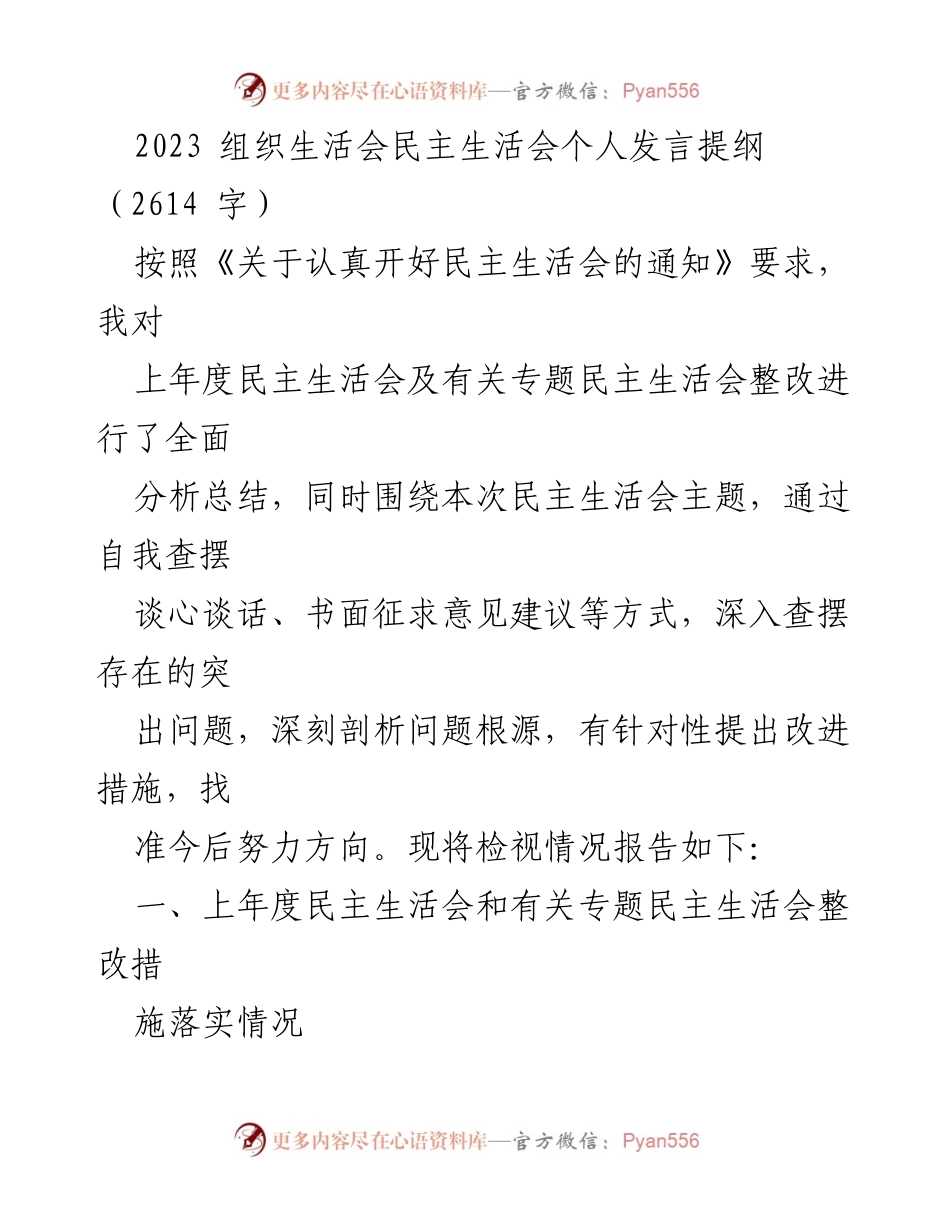 [发言] 组织生活会 - 2023年民主生活会个人发言提纲分析与整改总结.docx_第1页