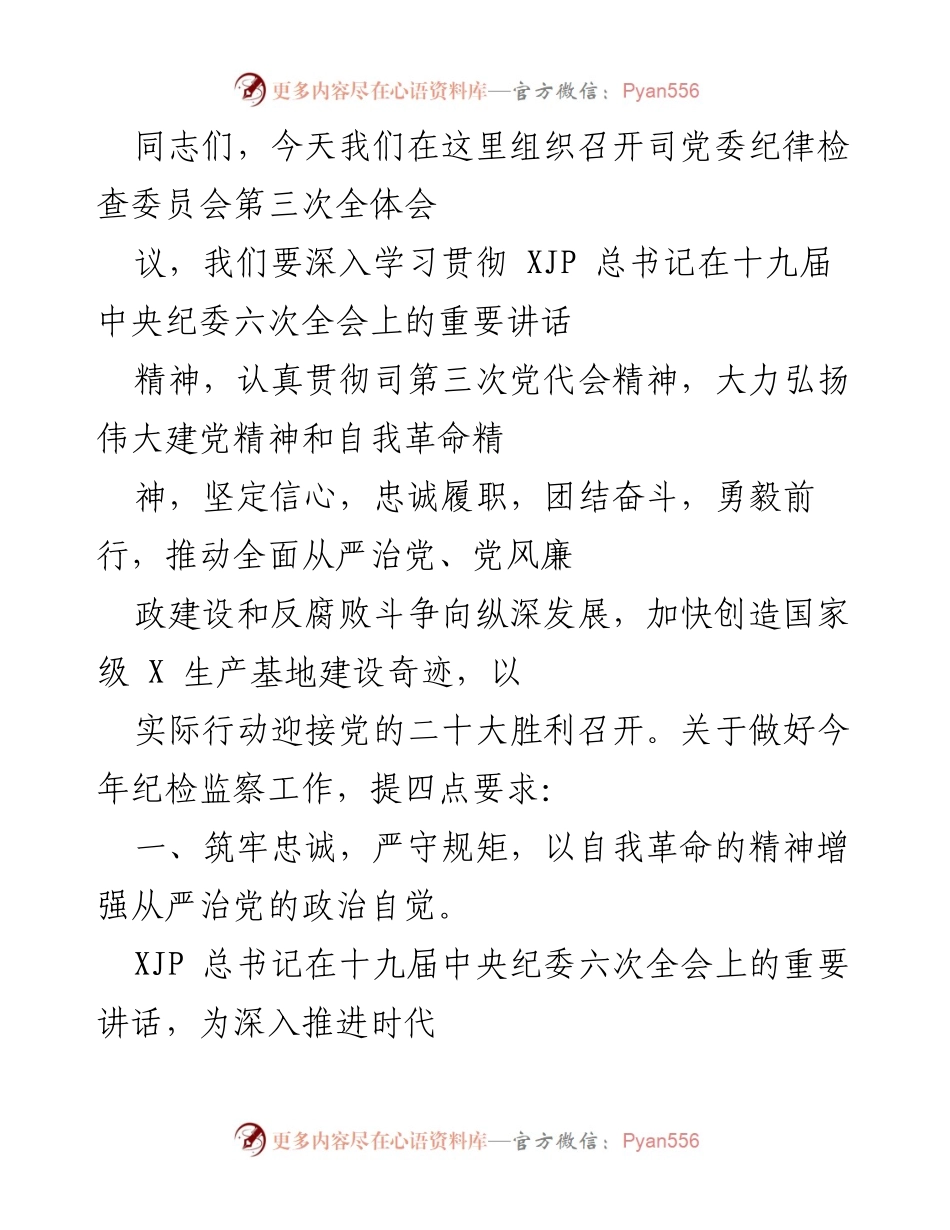 [发言] 纪检监察会议 - 深入推进全面从严治党，推动高质量发展.docx_第1页