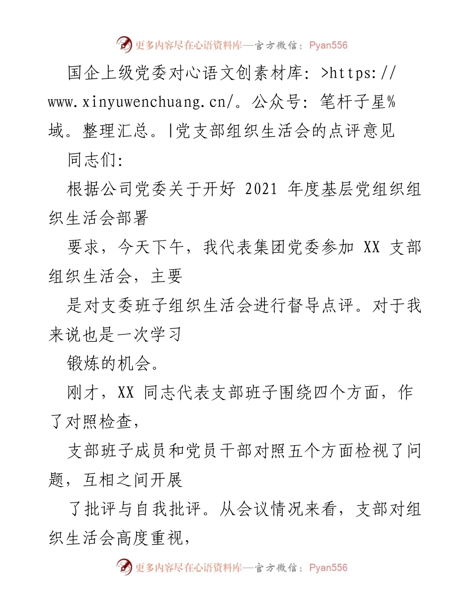 [发言] 组织生活会 - 对XX支部组织生活会的点评与改进建议.docx_第1页