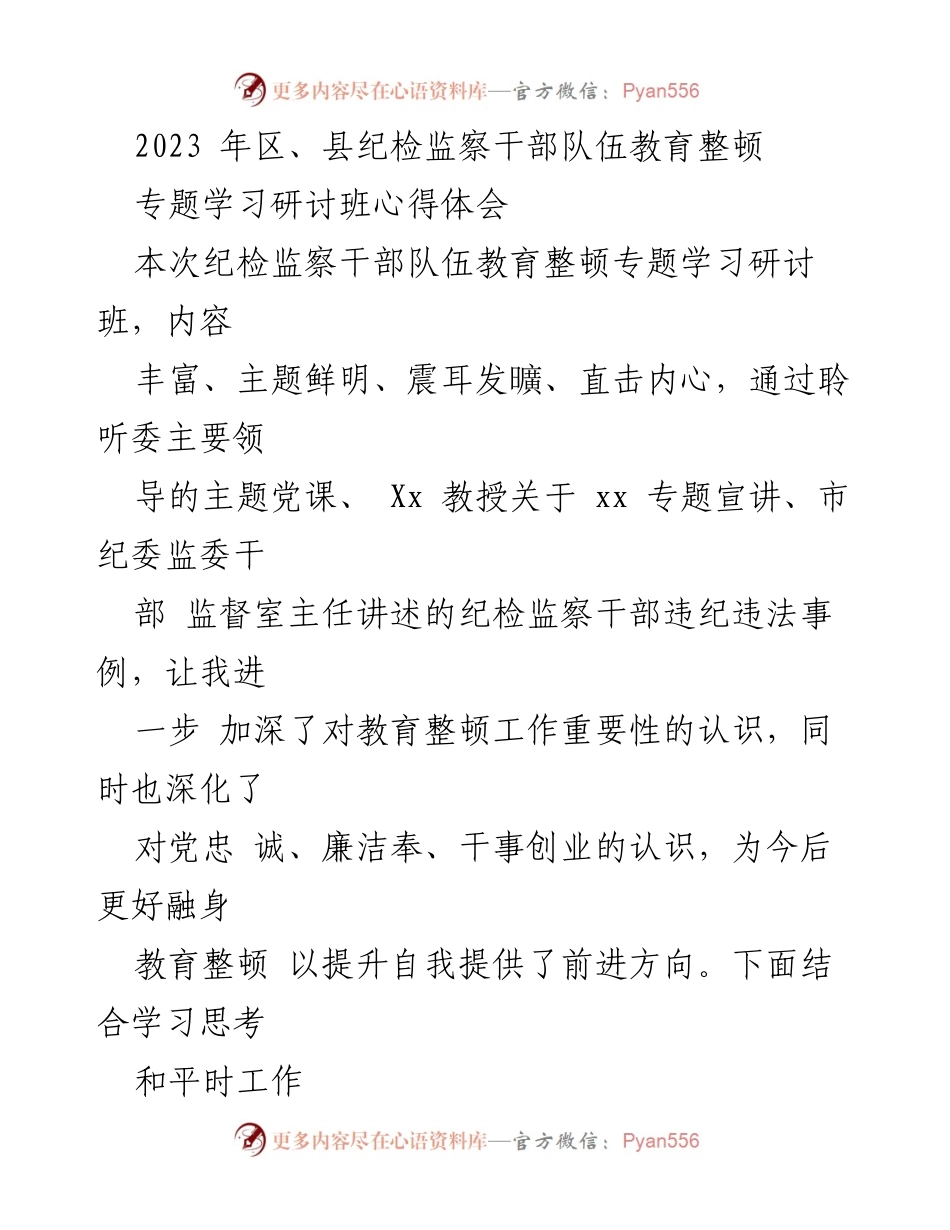 [发言] 纪检监察干部教育整顿专题学习研讨班 - 深化认识，提升素养：纪检监察干部教育整顿心得体会.docx_第1页