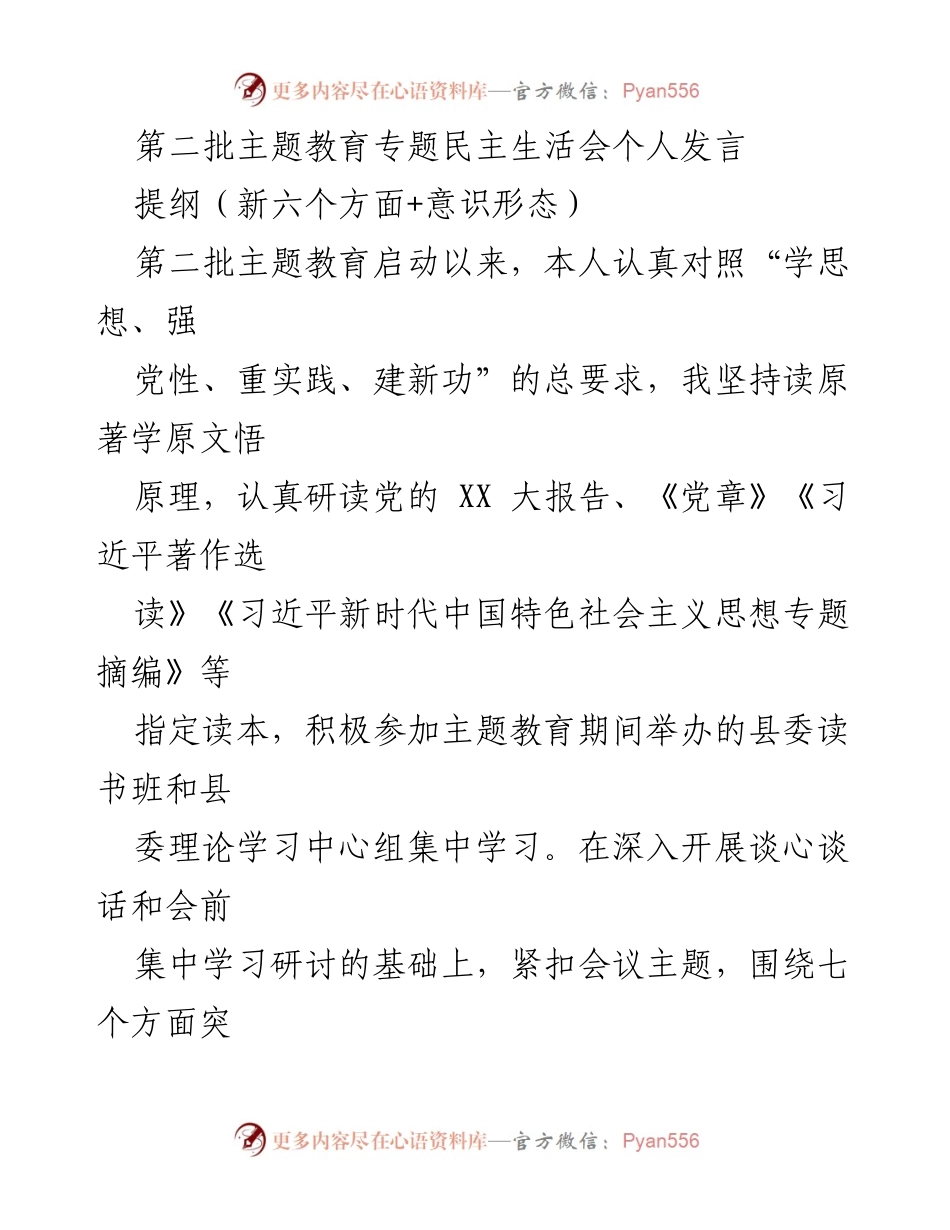 [发言] 第二批主题教育专题民主生活会 - 深刻检视问题，推动思想提升与整改措施.docx_第1页