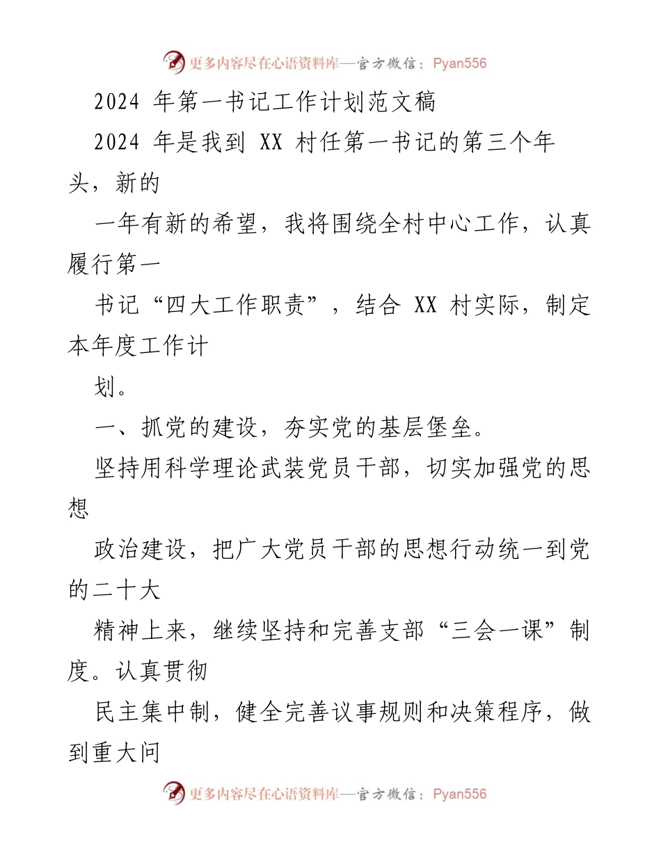 [发言] 第一书记工作会议 - 2024年第一书记年度工作计划要点.docx_第1页