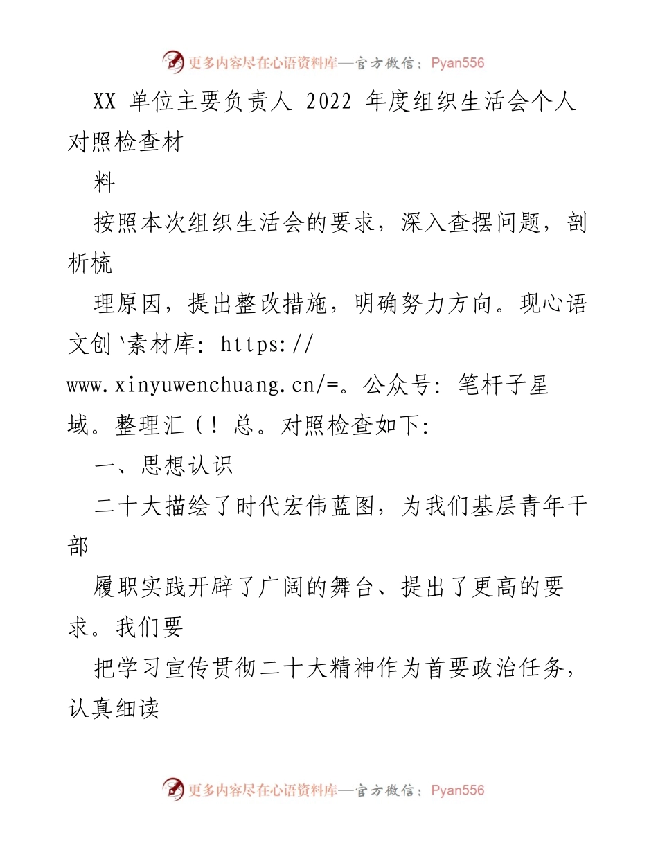 [发言] 组织生活会 - 2022年度个人对照检查与整改措施总结_1.docx_第1页