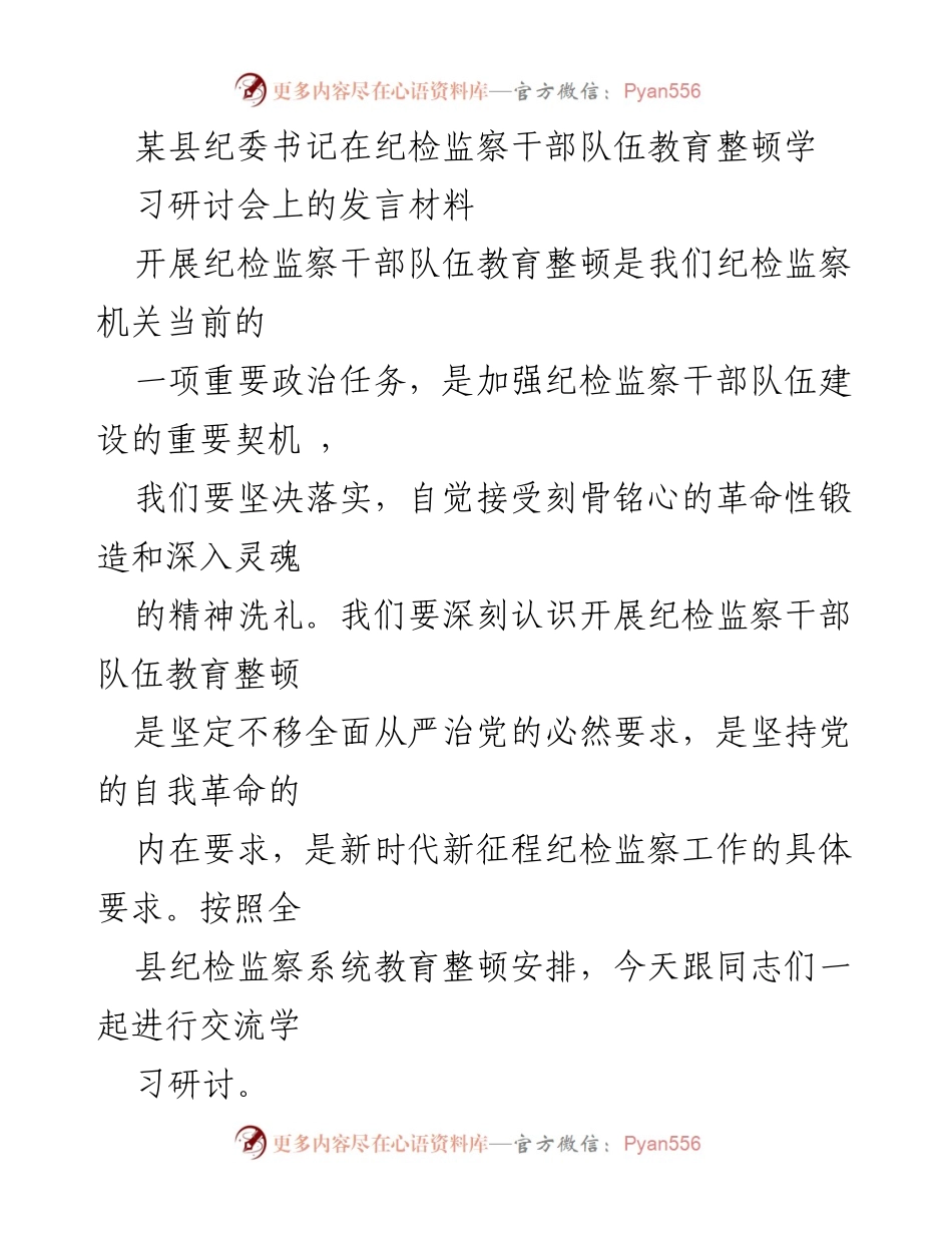 [发言] 纪检监察干部队伍教育整顿学习研讨会 - 加强纪检监察干部队伍建设的政治自觉与责任担当.docx_第1页