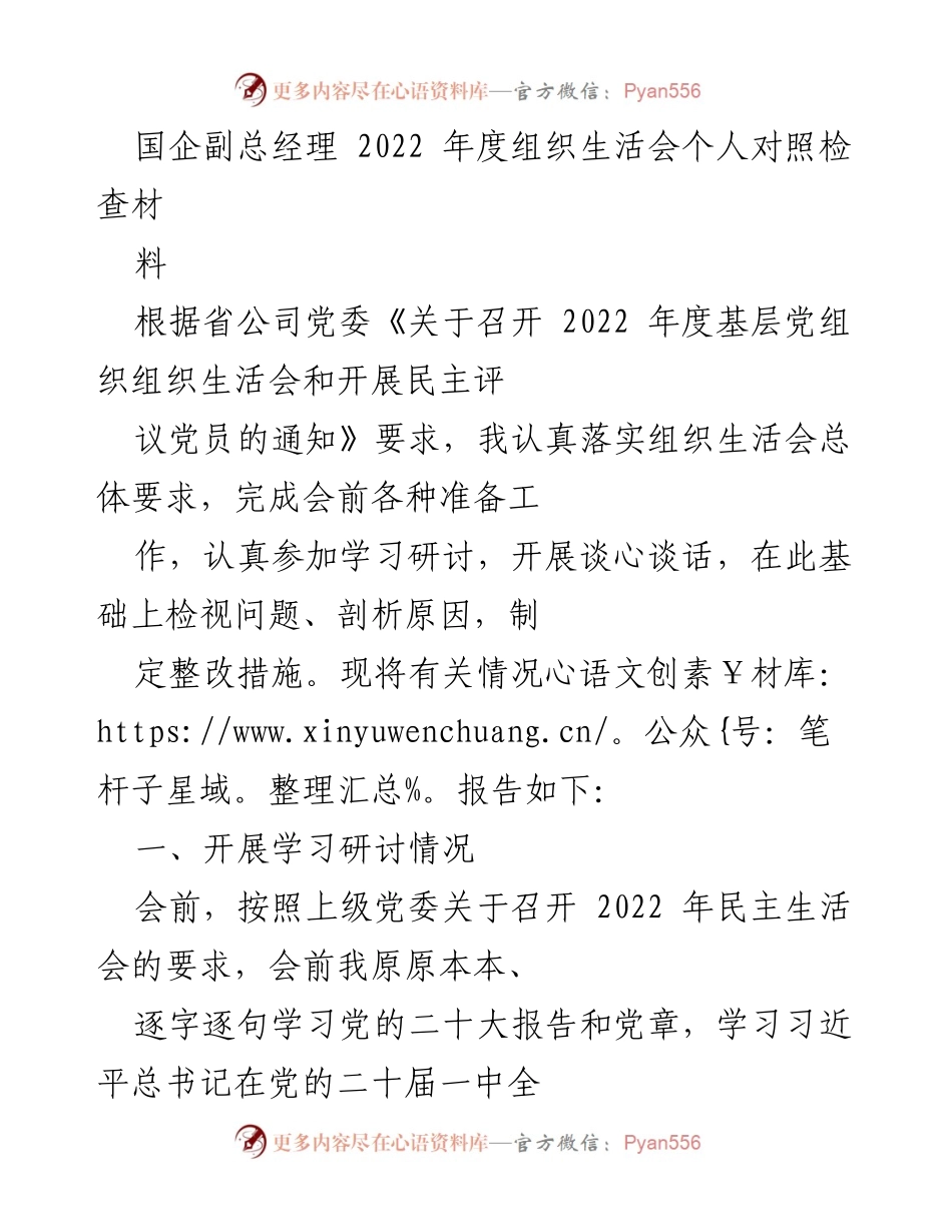 [发言] 组织生活会 - 2022年度国企副总经理个人对照检查报告.docx_第1页
