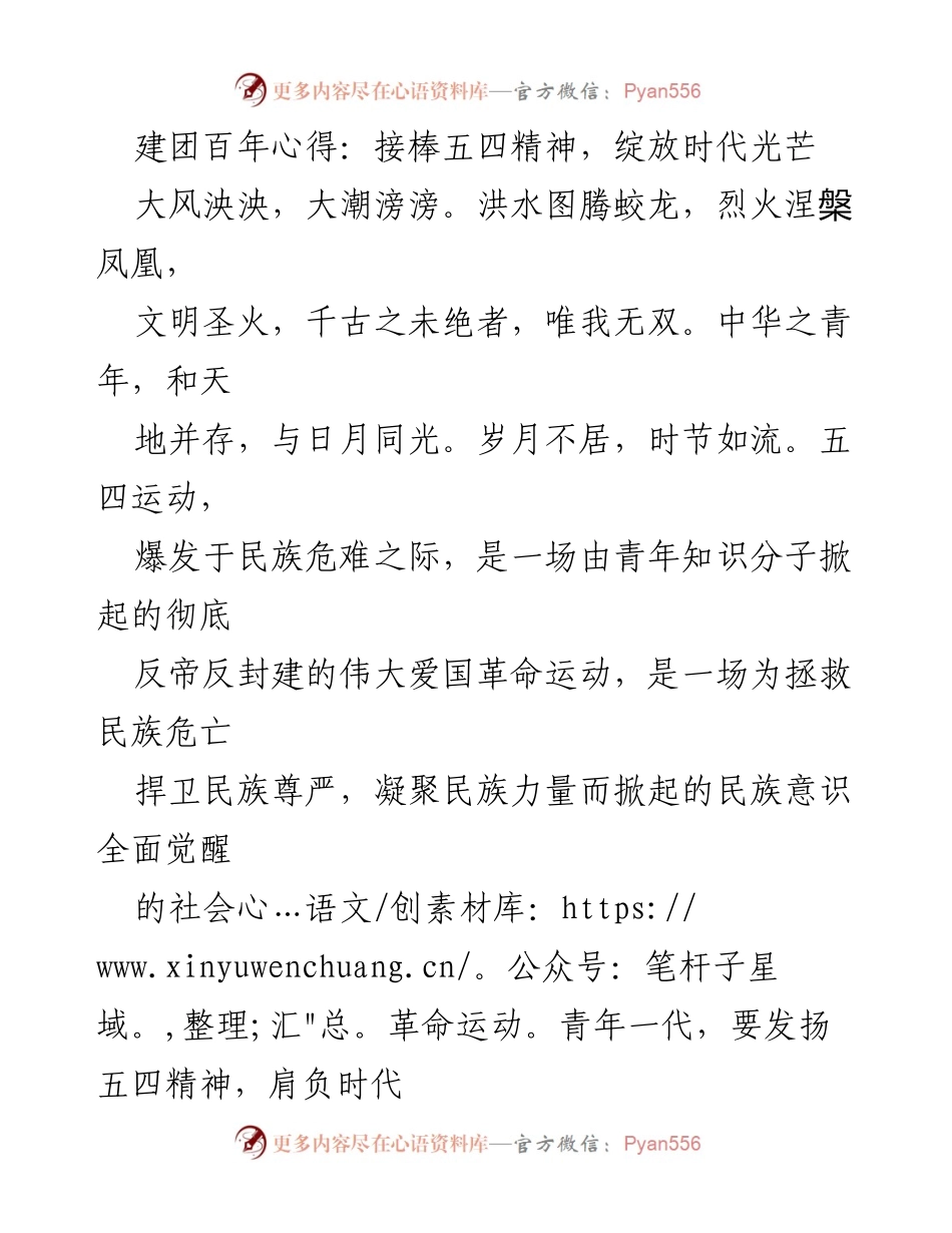 [发言] 纪念五四运动百年大会 - 青年使命：传承五四精神，共筑中国梦.docx_第1页