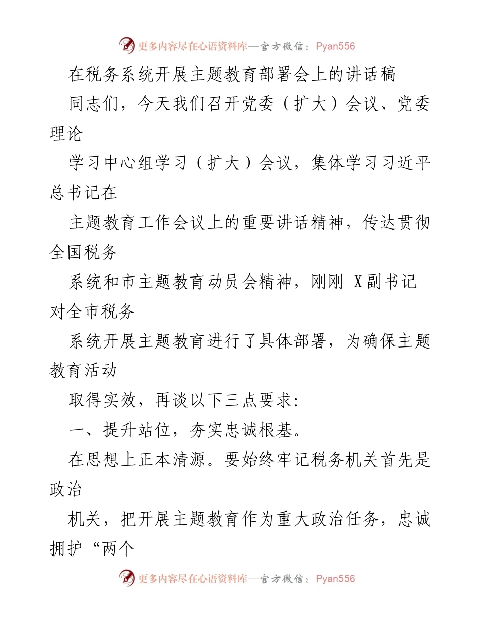 [发言] 税务系统主题教育部署会 - 提升站位，确保主题教育取得实效.docx_第1页