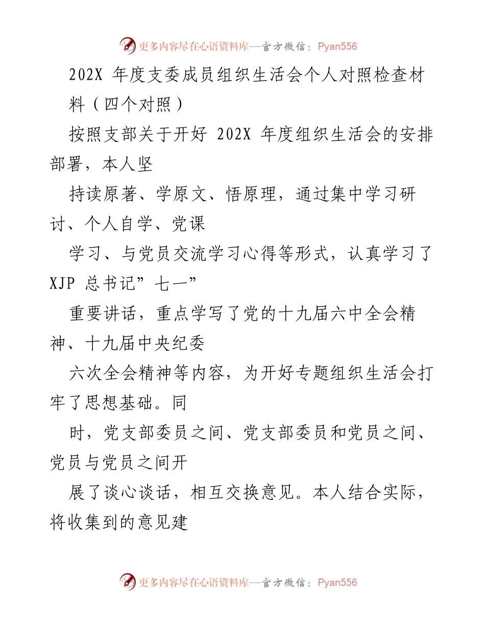[发言] 组织生活会 - 202X年度支委成员个人对照检查材料总结.docx_第1页
