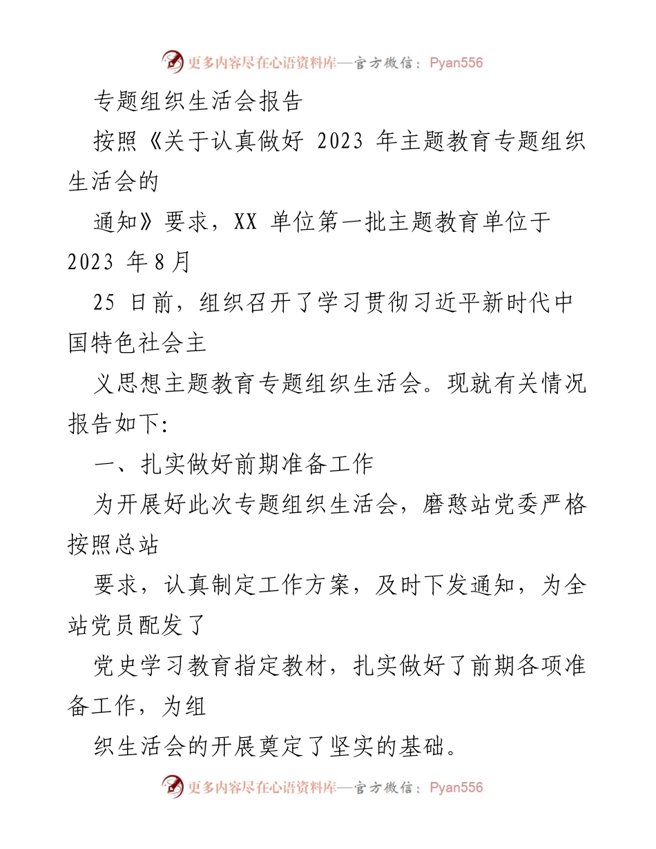 [发言] 组织生活会 - 2023年主题教育专题组织生活会准备与实施情况报告.docx_第1页