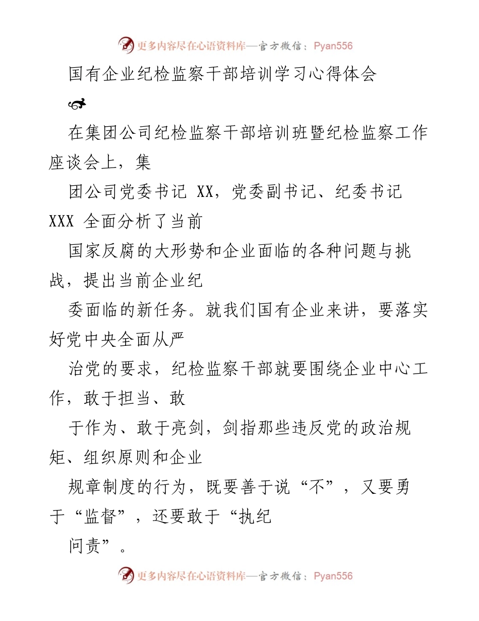 [发言] 纪检监察干部培训班 - 国有企业纪检监察干部的责任与挑战.docx_第1页
