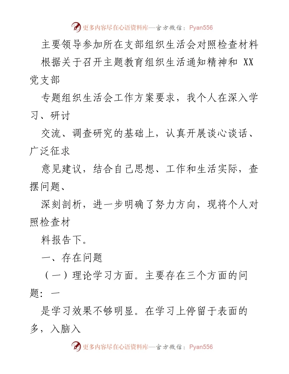[发言] 组织生活会 - 主要领导对照检查材料总结.docx_第1页