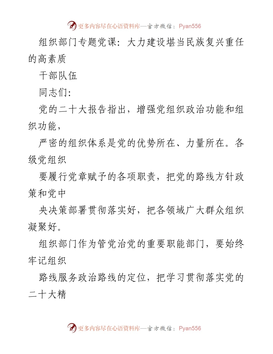 [发言] 组织部门专题党课 - 大力建设高素质干部队伍，推动新时代组织工作高质量发展.docx_第1页