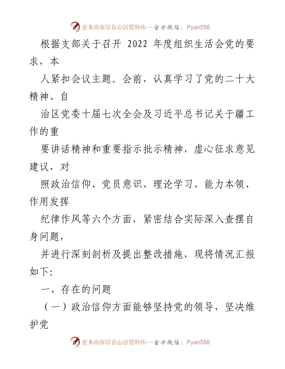 [发言] 组织生活会 - 2022年度组织生活会个人问题查摆及整改措施汇报.docx_第1页