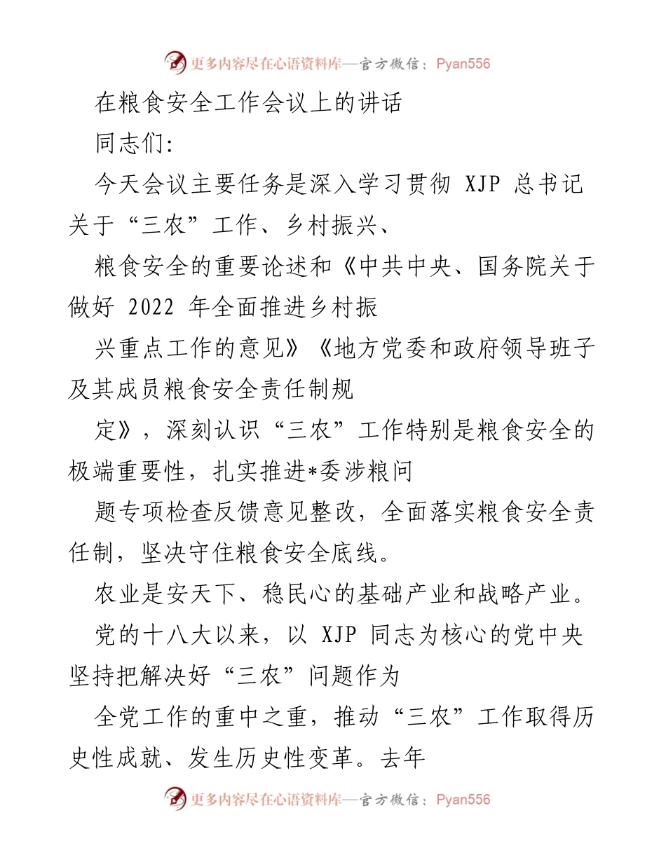 [发言] 粮食安全工作会议 - 深入学习贯彻粮食安全重要论述，扎实推进“三农”工作.docx_第1页