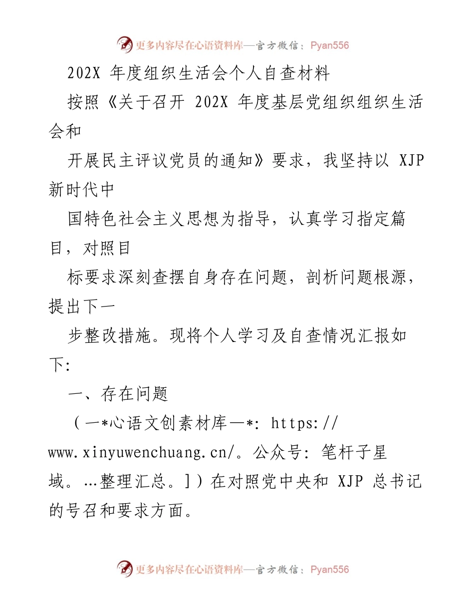 [发言] 组织生活会 - 202X年度个人自查与整改汇报.docx_第1页