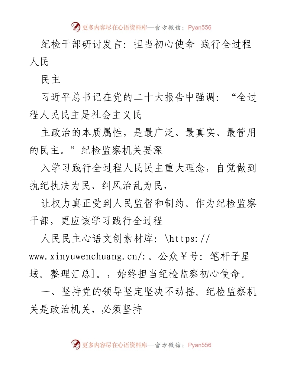 [发言] 纪检干部研讨会 - 坚守初心使命，践行全过程人民民主.docx_第1页