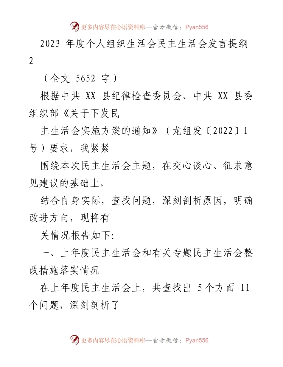 [发言] 组织生活会 - 2023年度个人民主生活会发言提纲及问题整改总结.docx_第1页
