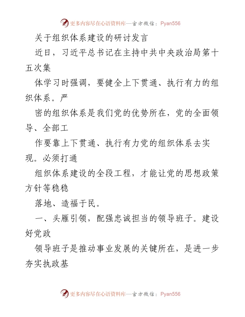 [发言] 组织体系建设研讨会 - 加强党的组织体系建设，提升治理能力与服务水平_1.docx_第1页
