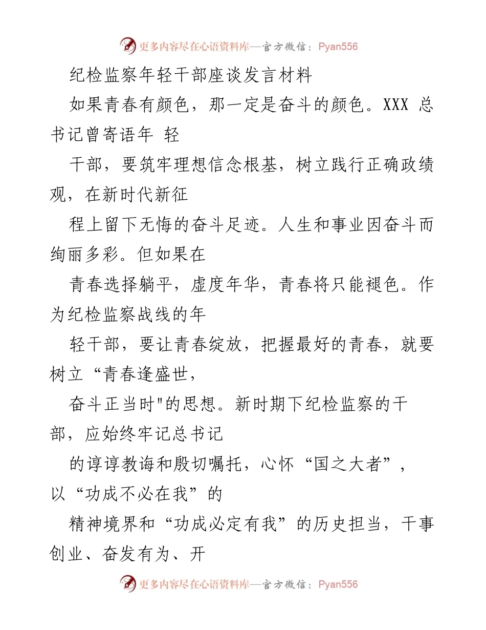 [发言] 纪检监察年轻干部座谈 - 奋斗青春，担当使命：纪检监察年轻干部的责任与追求.docx_第1页