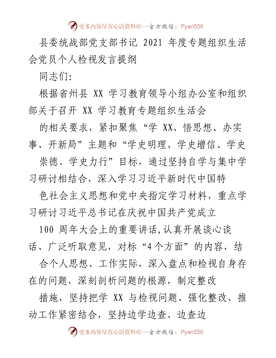 [发言] 组织生活会 - 2021年度党支部书记个人检视发言提纲.docx_第1页