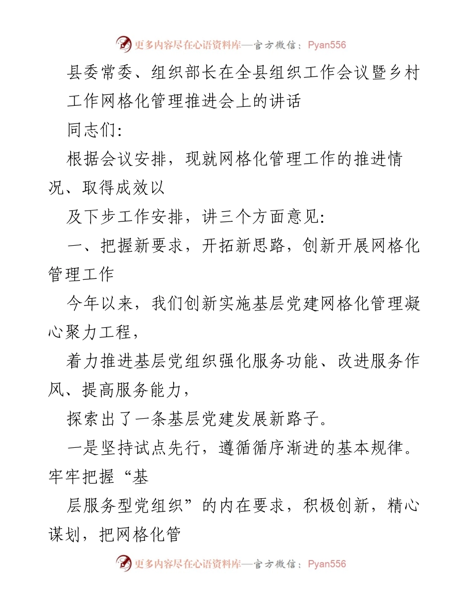 [发言] 组织工作会议 - 推进乡村网格化管理工作的创新与实践.docx_第1页