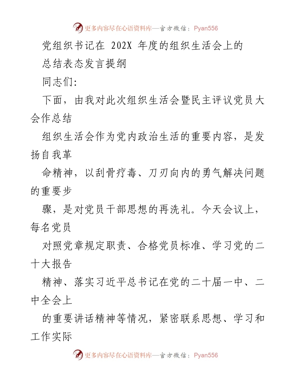 [发言] 组织生活会 - 党组织书记年度总结与整改落实发言提纲_1.docx_第1页