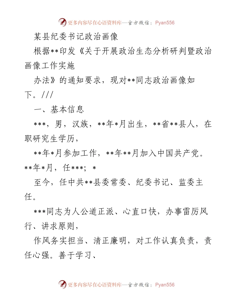 [发言] 纪委工作会议 - 某县纪委书记政治画像分析报告.docx_第1页