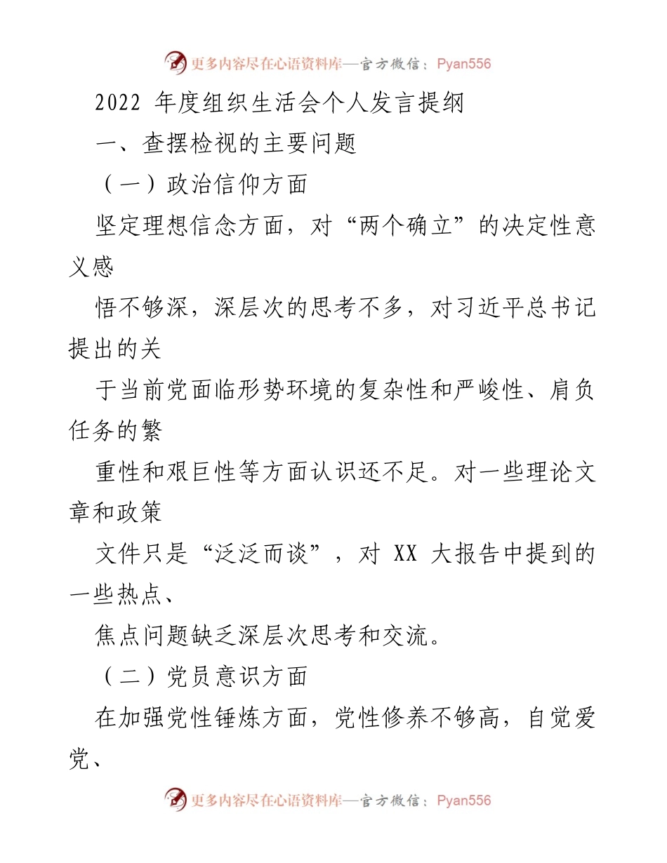 [发言] 组织生活会 - 2022年度个人发言提纲及问题检视分析.docx_第1页