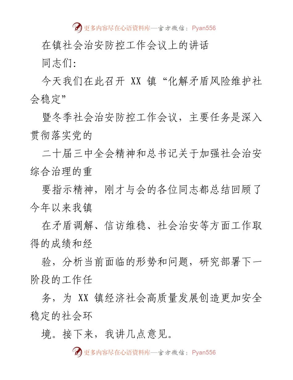 [发言] 社会治安防控工作会议 - 加强社会治安综合治理，维护社会稳定.docx_第1页