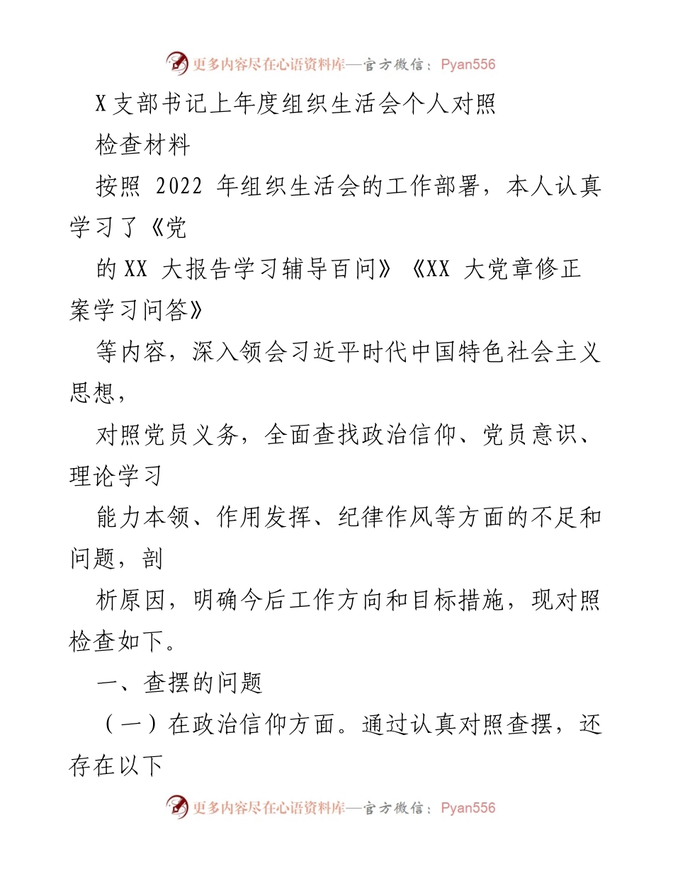 [发言] 组织生活会 - X支部书记年度组织生活会个人对照检查总结.docx_第1页
