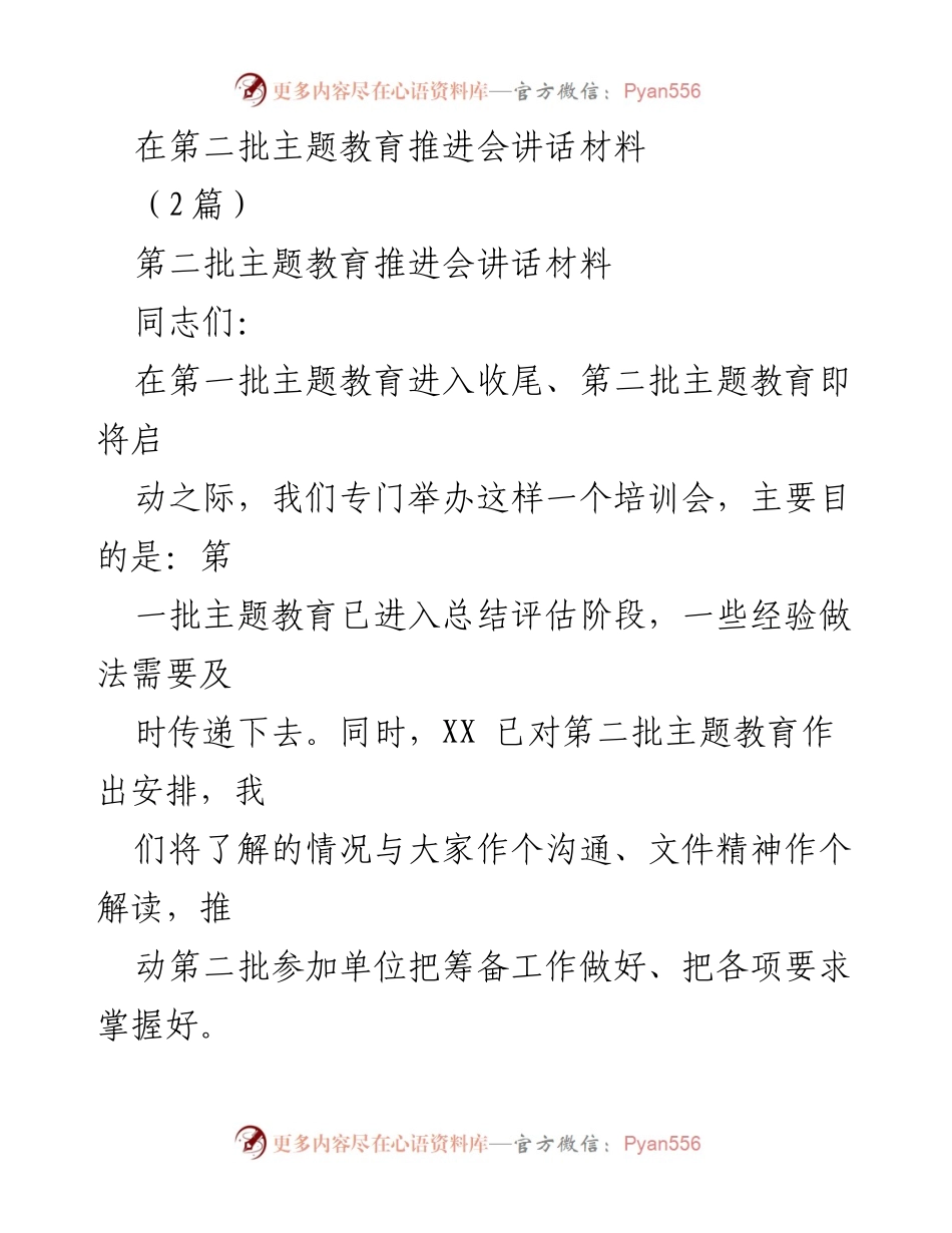 [发言] 第二批主题教育推进会 - 推动第二批主题教育的关键措施与经验分享.docx_第1页