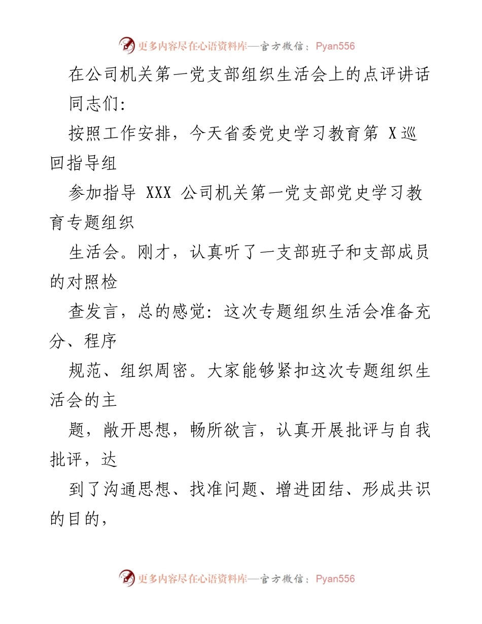 [发言] 组织生活会 - 关于XXX公司机关第一党支部组织生活会的点评与建议.docx_第1页