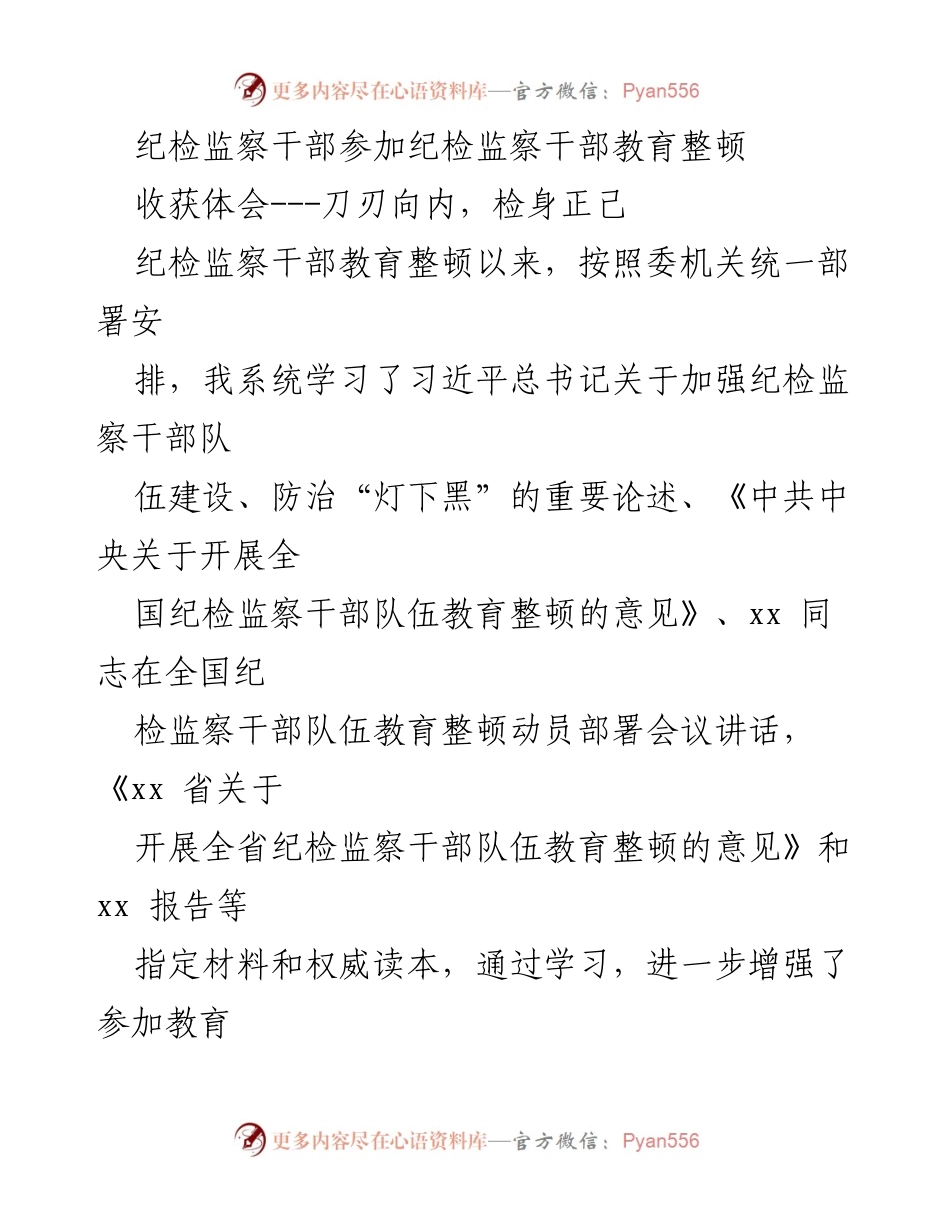 [发言] 纪检监察干部教育整顿 - 刀刃向内，检身正己的学习体会.docx_第1页