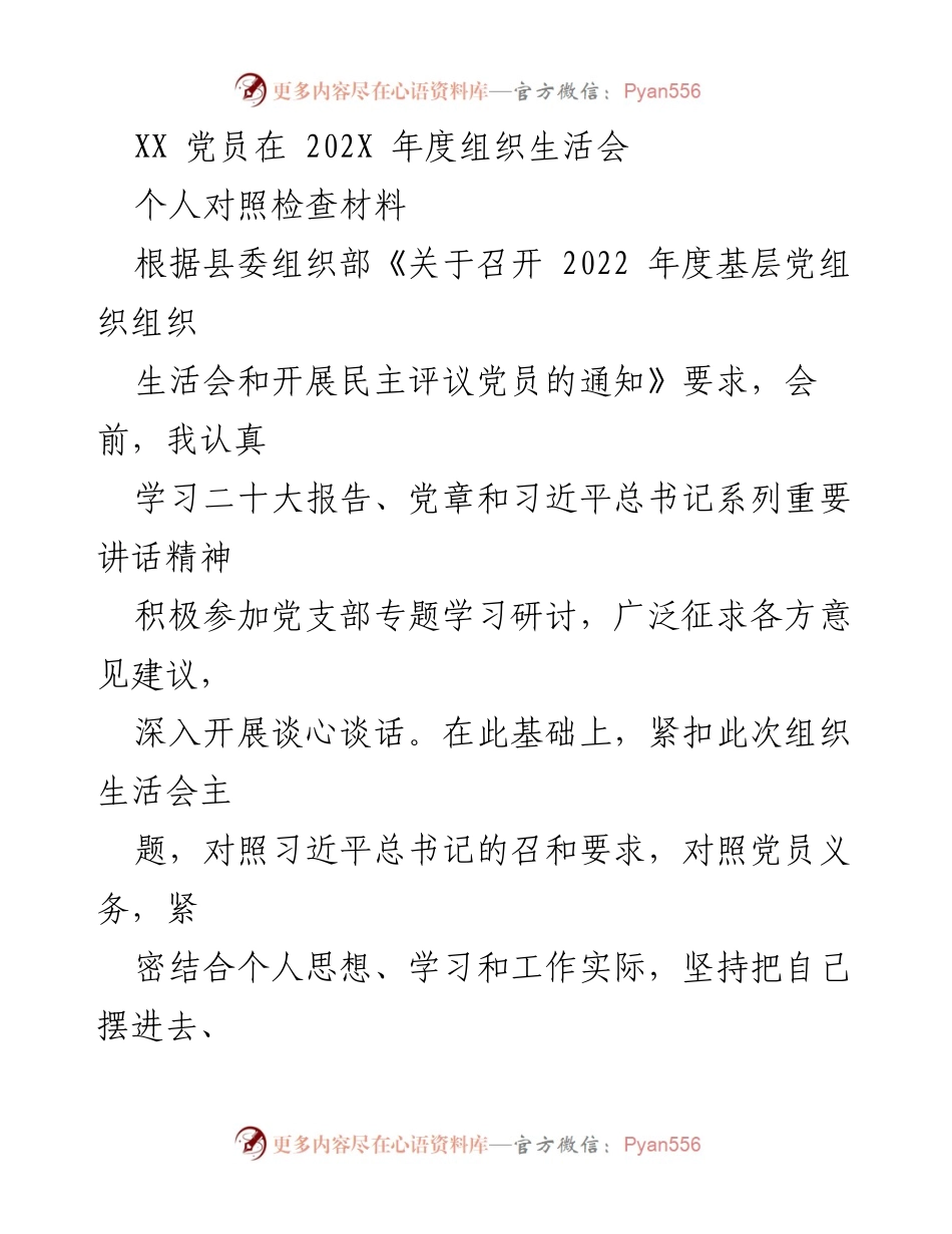 [发言] 组织生活会 - XX 党员202X年度个人对照检查材料总结.docx_第1页