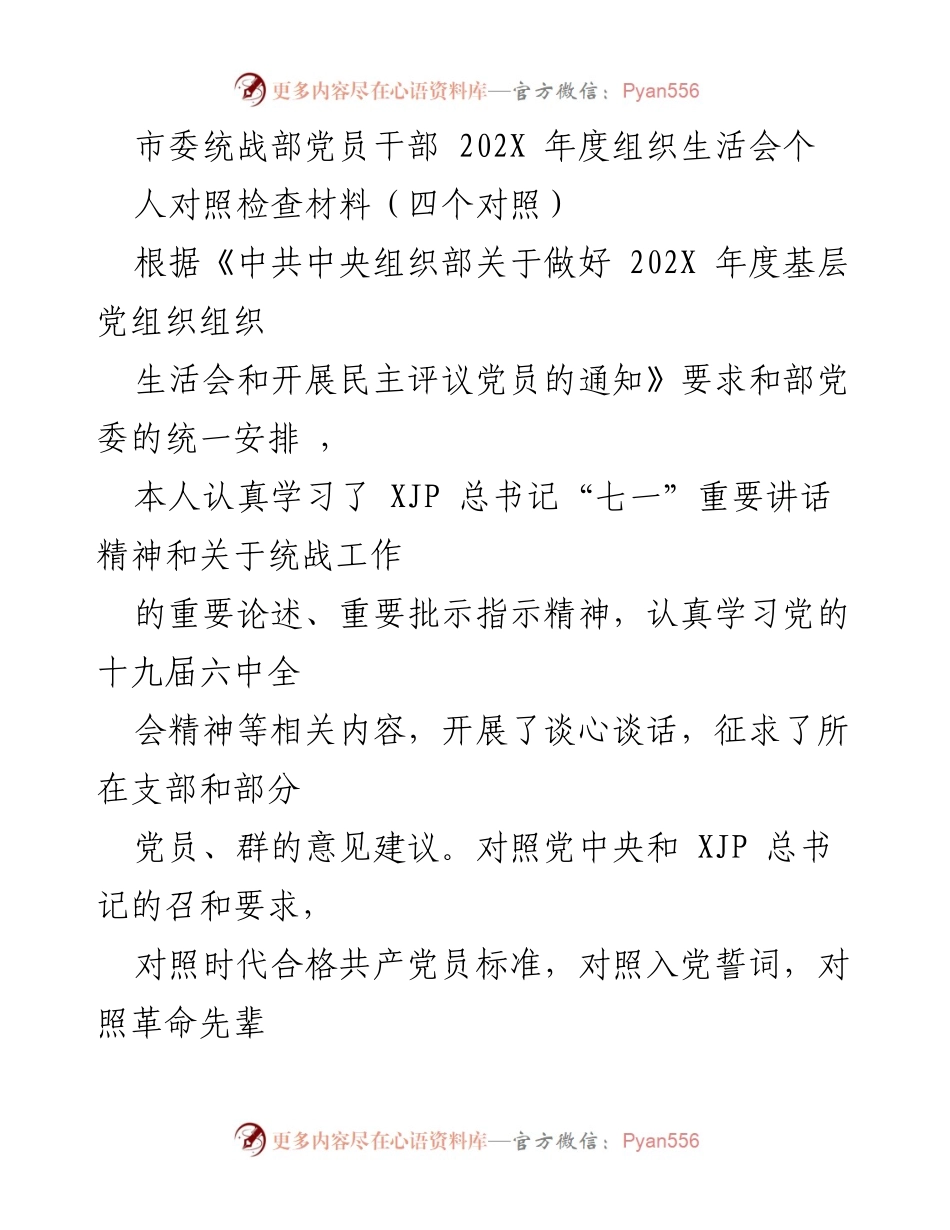 [发言] 组织生活会 - 202X年度党员干部个人对照检查材料.docx_第1页
