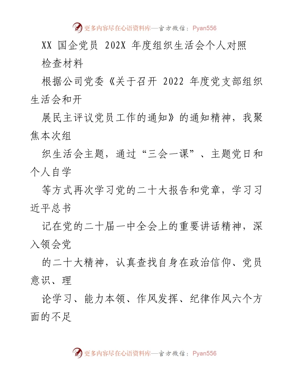 [发言] 组织生活会 - XX国企党员202X年度组织生活会个人对照检查材料.docx_第1页