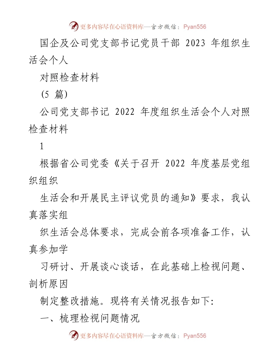 [发言] 组织生活会 - 2023年国企党支部书记个人对照检查材料总结.docx_第1页