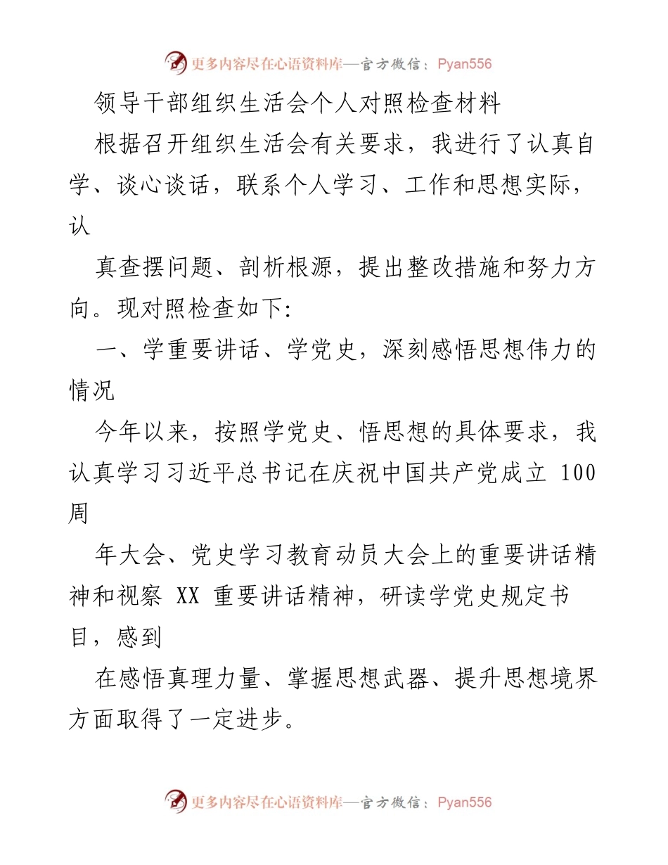 [发言] 组织生活会 - 领导干部个人对照检查材料总结_1.docx_第1页