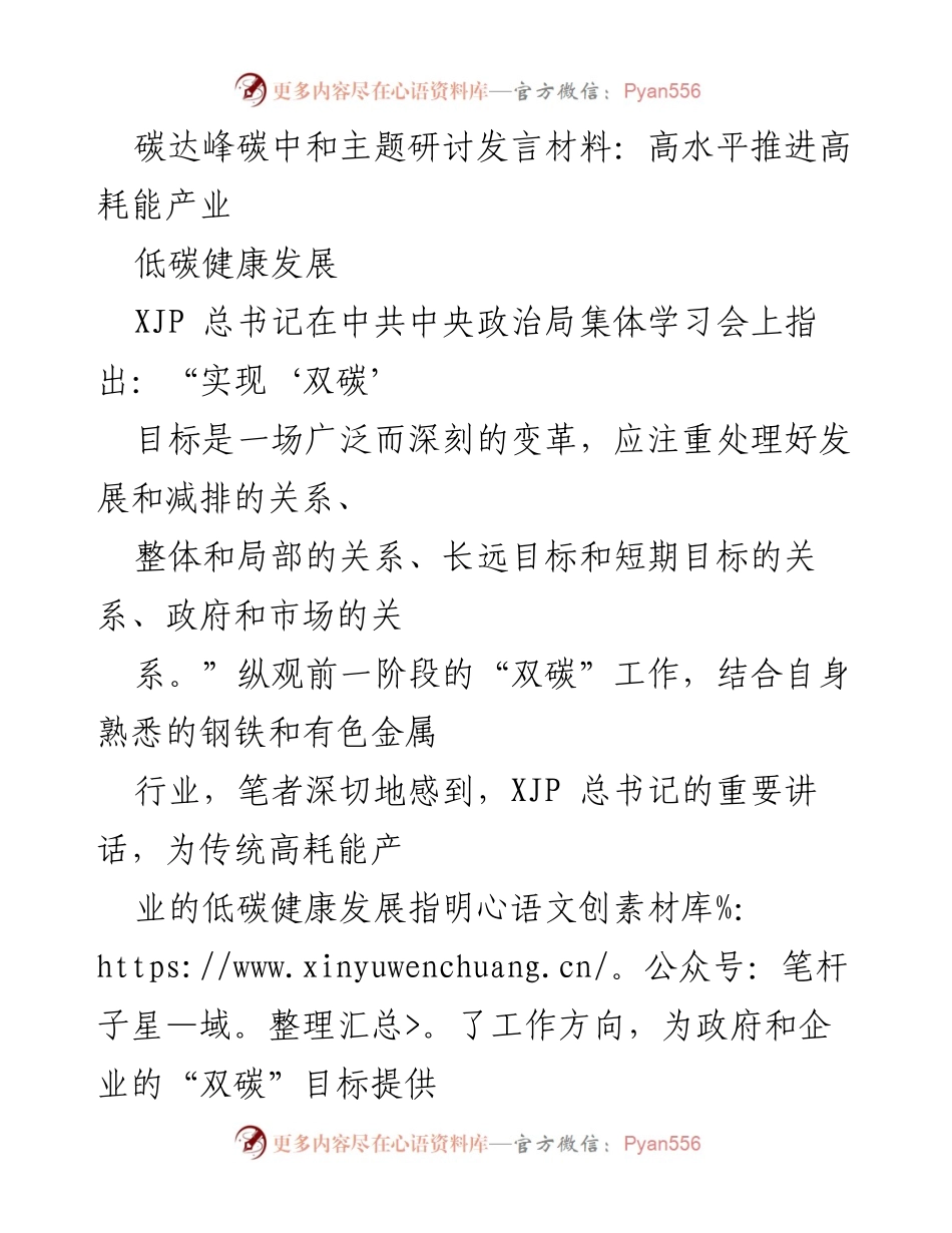 [发言] 碳达峰碳中和主题研讨会 - 高耗能产业的低碳转型与发展策略.docx_第1页