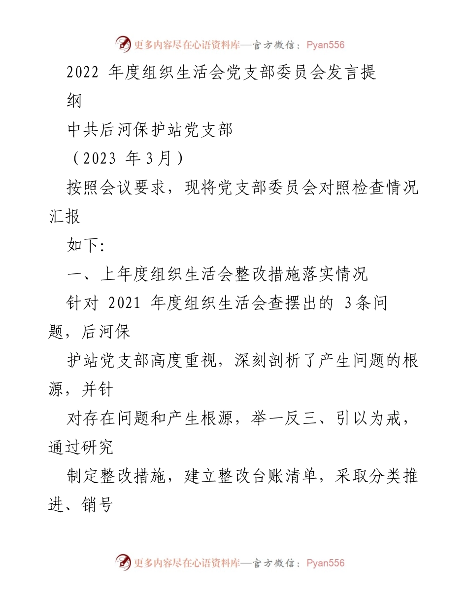 [发言] 组织生活会 - 2022年度党支部委员会整改情况与问题查摆报告.docx_第1页
