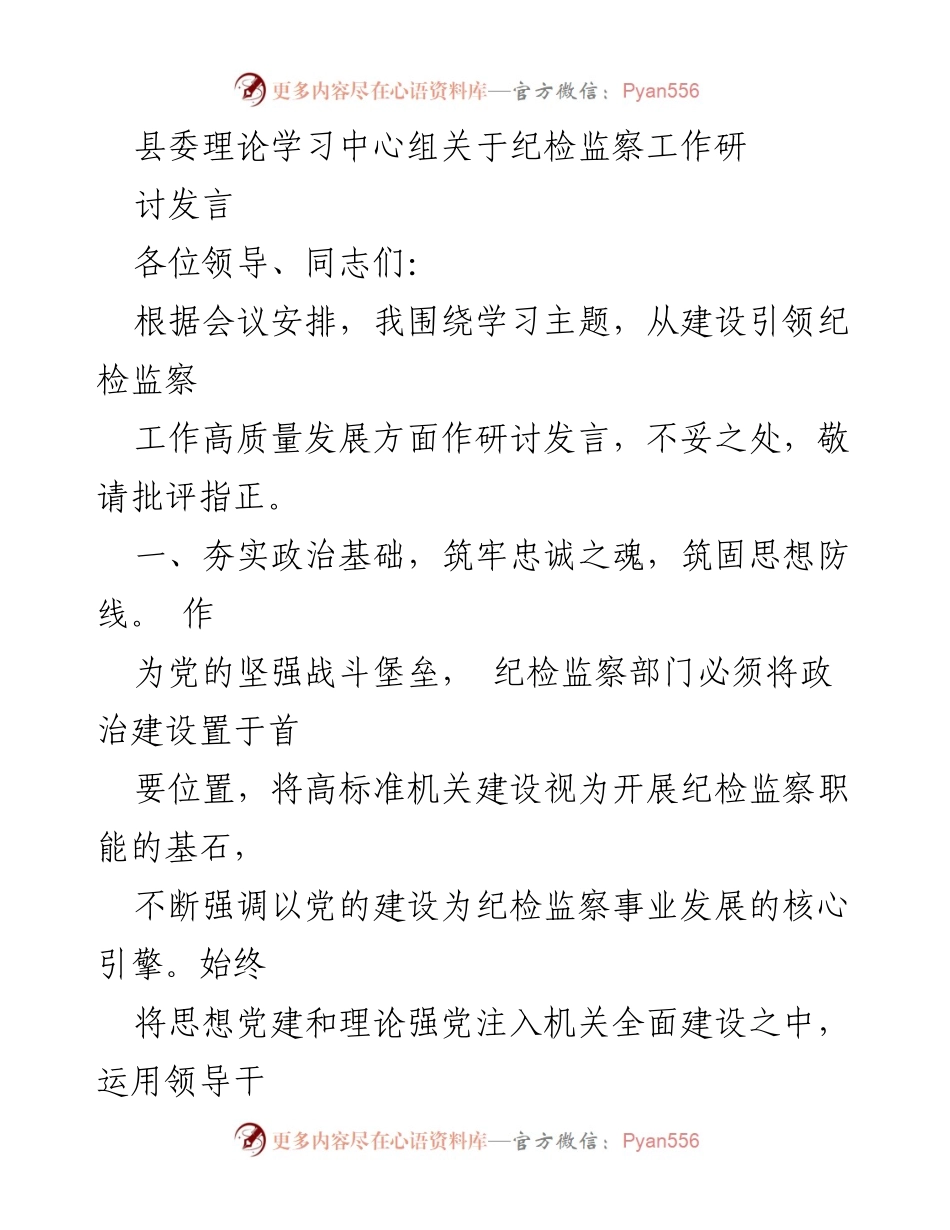 [发言] 纪检监察工作研讨会 - 强化党建引领，推动纪检监察高质量发展_1.docx_第1页