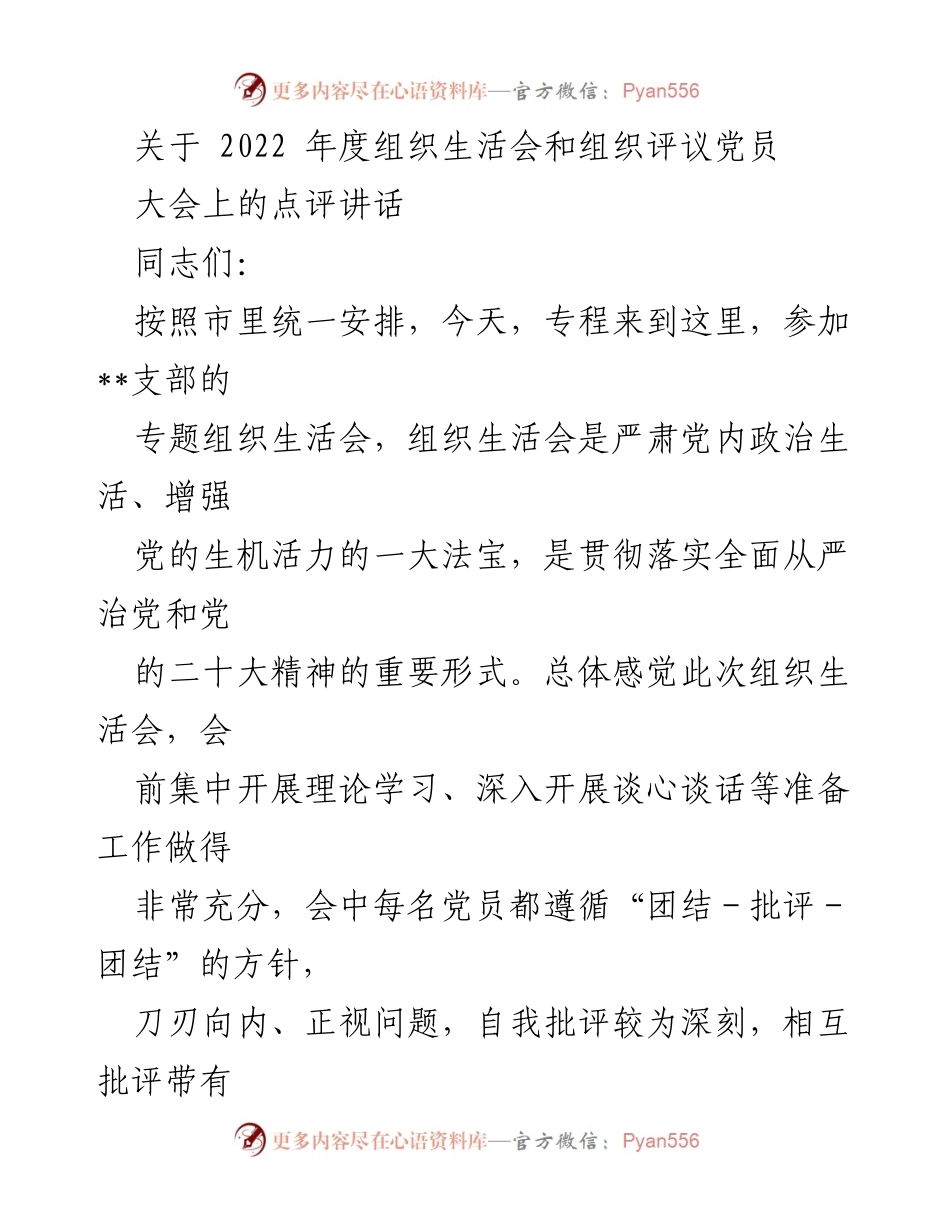[发言] 组织生活会 - 2022年度组织生活会点评与工作展望_1.docx_第1页