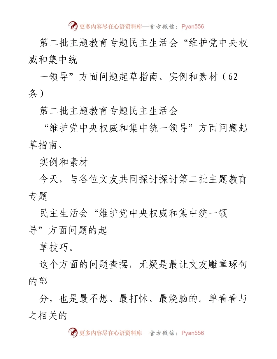 [发言] 第二批主题教育专题民主生活会 - 起草指南与技巧分享：维护党中央权威与集中统一领导问题解析.docx_第1页