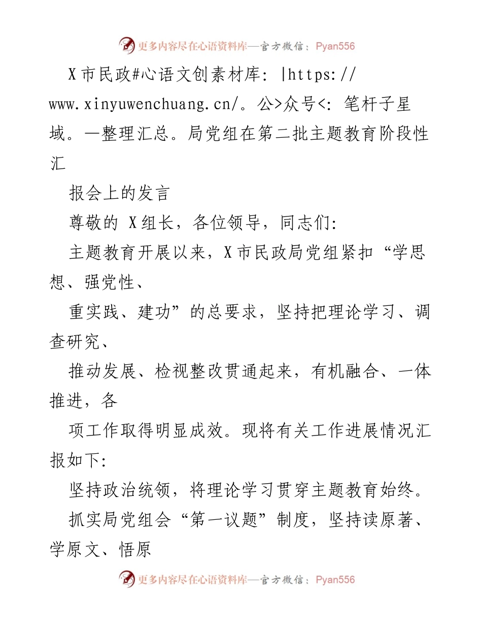[发言] 第二批主题教育阶段性汇报会 - X市民政局党组主题教育工作进展汇报.docx_第1页